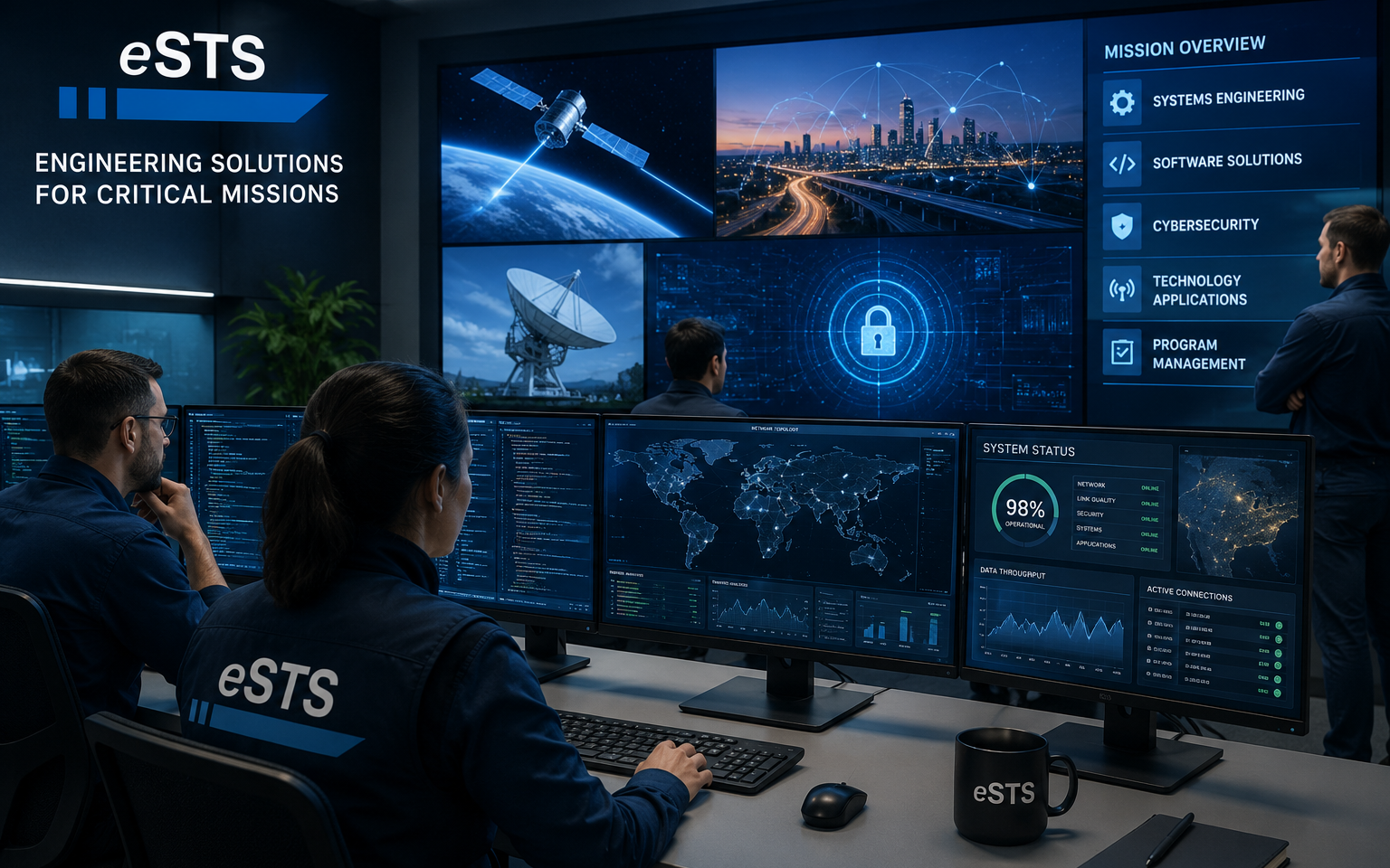 Technology professionals reviewing integrated systems, data, and operational workflows in a modern mission environment